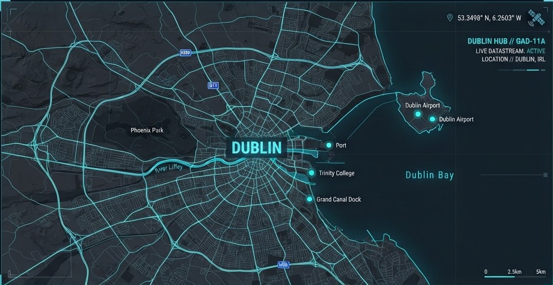 Stylised dark map of Dublin with the road network picked out in cyan.